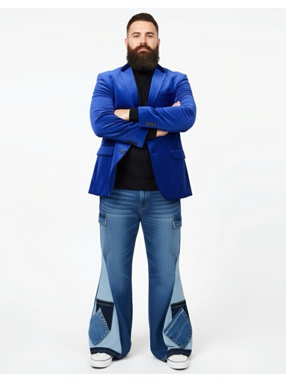 Men's Patchwork Blue Bootcut Jeans with Cargo Pockets